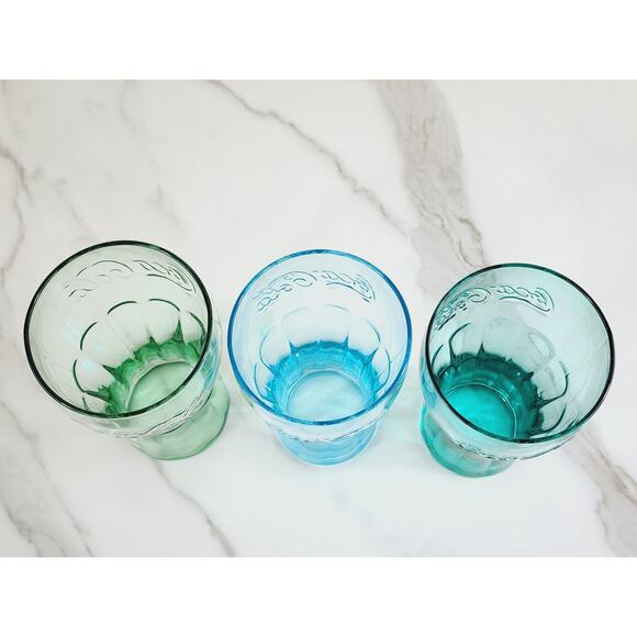 Coca Cola Drinking Glasses Embossed Logo 16oz Glass Tumblers Turquoise Green x3 - Picture 9 of 12